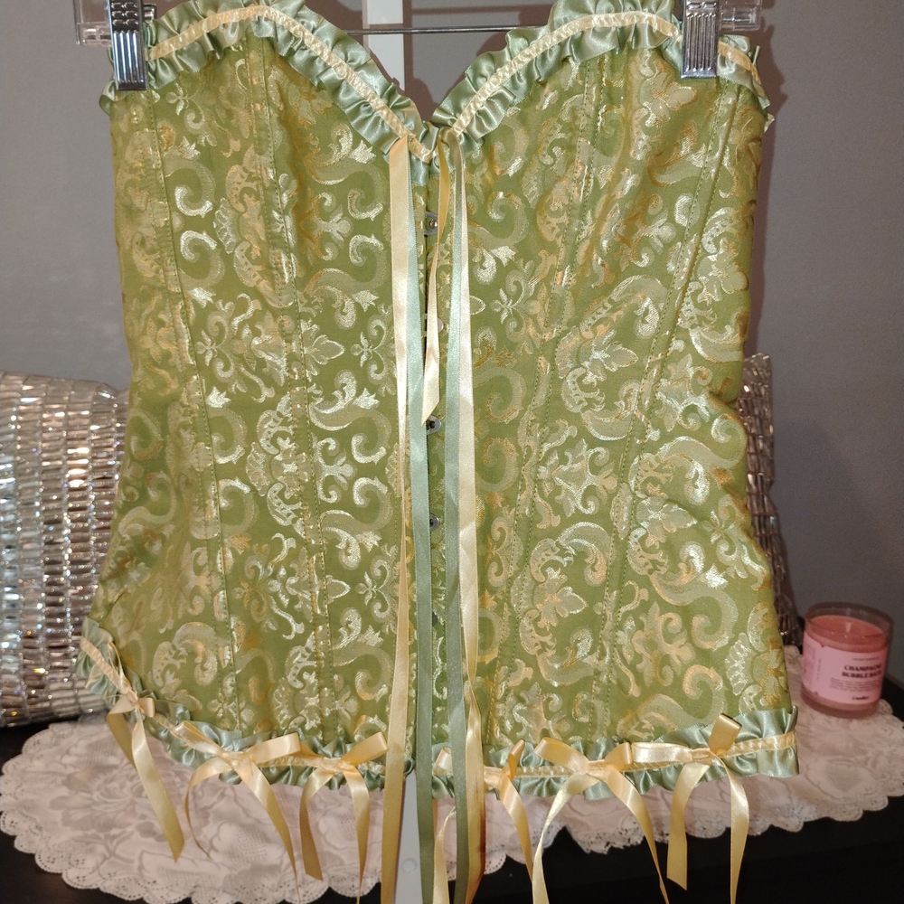 Brand New Elegant Green Brocade Corset With G String
